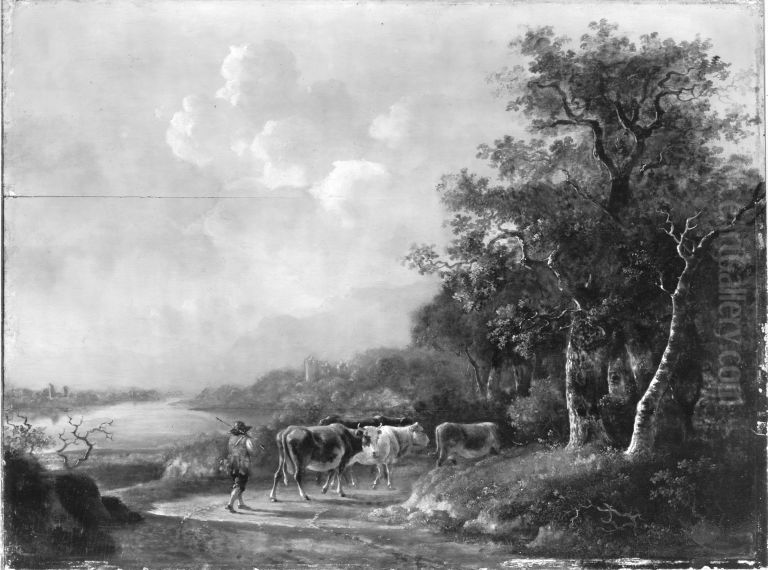 Kuhherde mit Hirt in einer Landschaft Oil Painting by Barend Cornelis Koekkoek