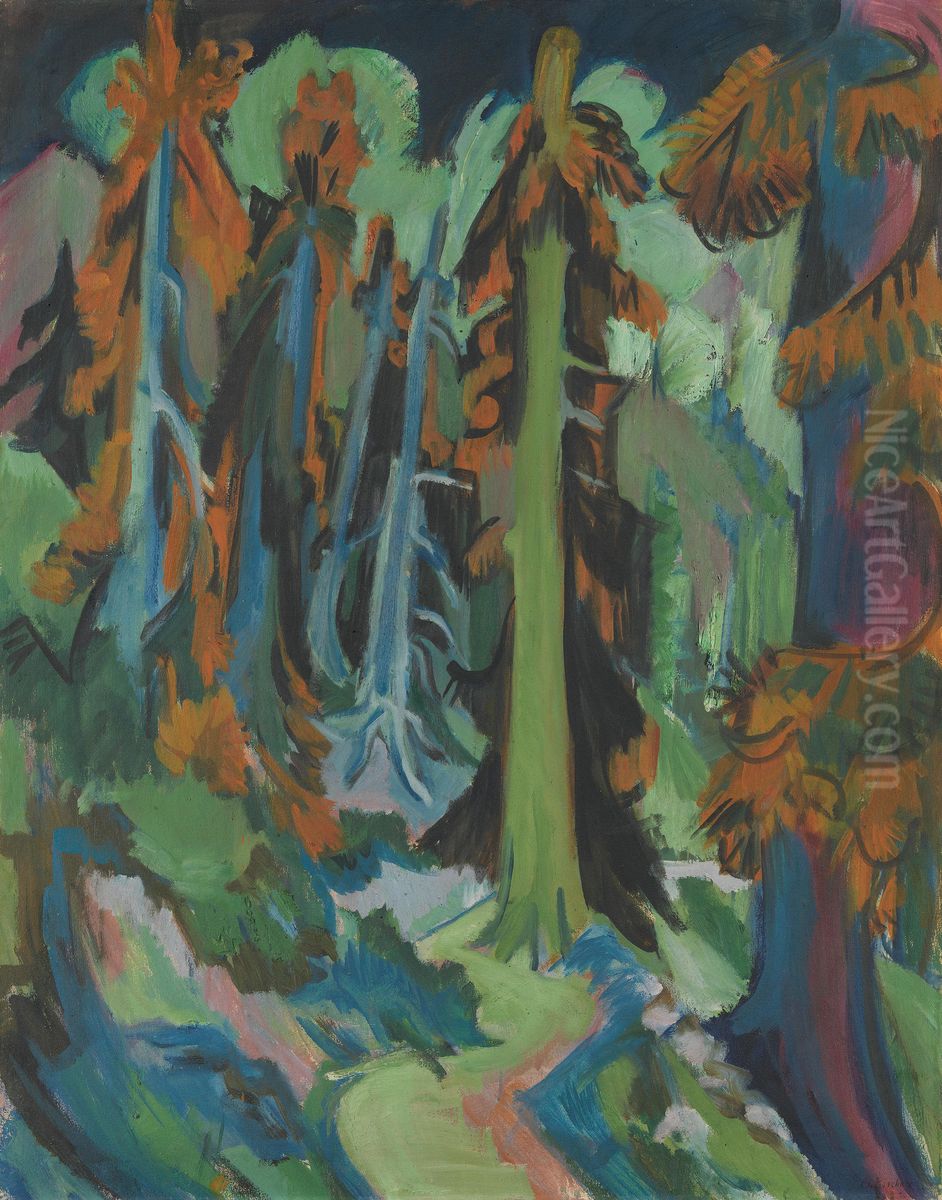 Wettertannen (Bergwaldweg, Bergwaldstamme) Oil Painting by Ernst Ludwig Kirchner
