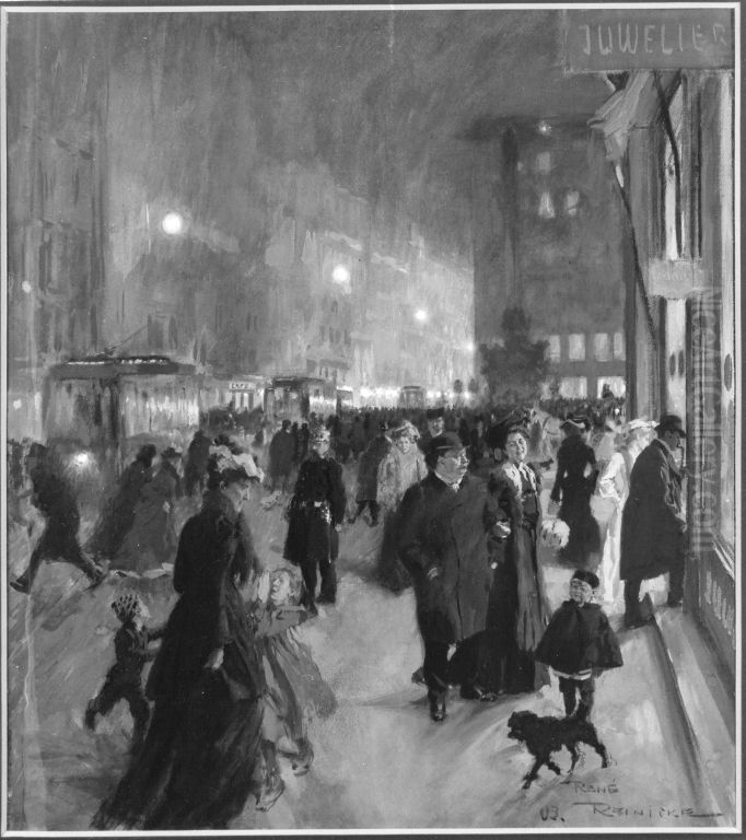 Der Marienplatz in Munchen bei Nacht Oil Painting by Paul Rene Reinicke