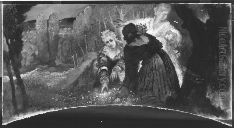 Drei Supraporten, Frauen in Landschaft: Fruhlingslandschaft mit drei Frauen Oil Painting by Raffael Schuster-Woldan
