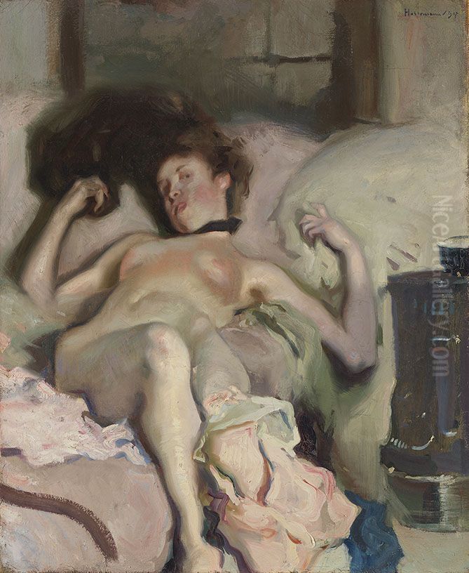 Liegender Modellakt Oil Painting by Hugo von Habermann