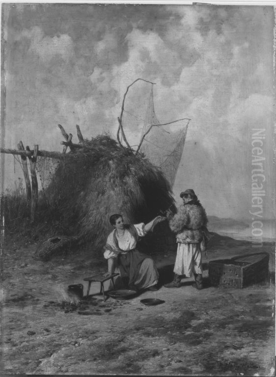 Ungarische Fischer am Strand Oil Painting by Pal Bohm