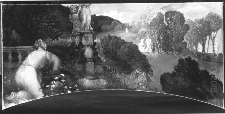 Drei Supraporten, Frauen in Landschaft: Fruhlingslandschaft Oil Painting by Raffael Schuster-Woldan