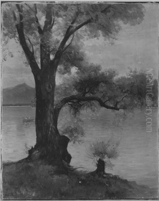 Weide am Chiemsee (Blick auf den Chiemsee) Oil Painting by Josef Wopfner