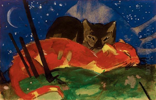 Zwei Katzen Oil Painting by Franz Marc
