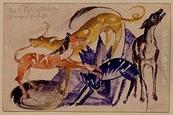 Die vier Begleithunde des Prinzen Juss Oil Painting by Franz Marc