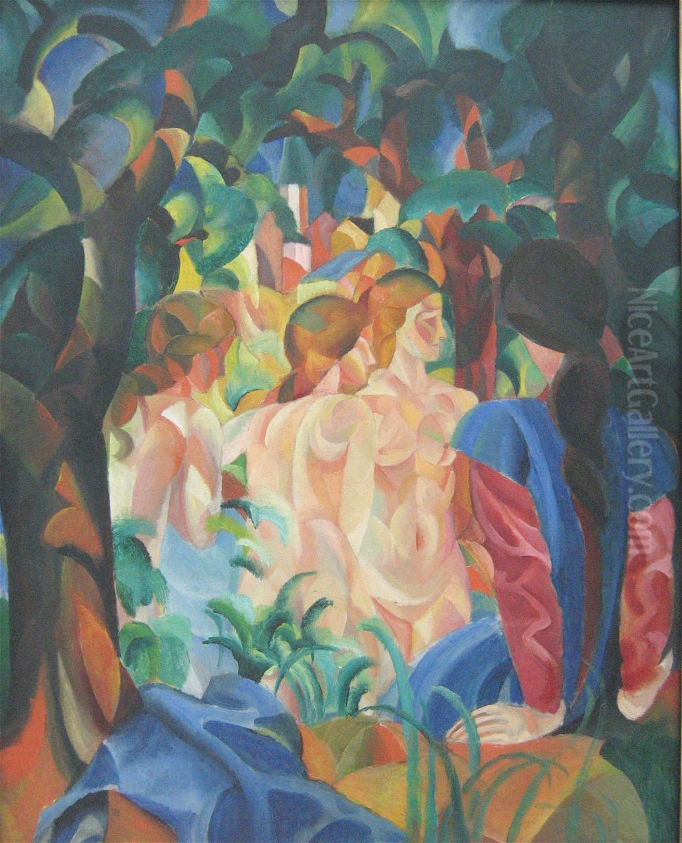 Bathing girls with city in the background Oil Painting by August Macke