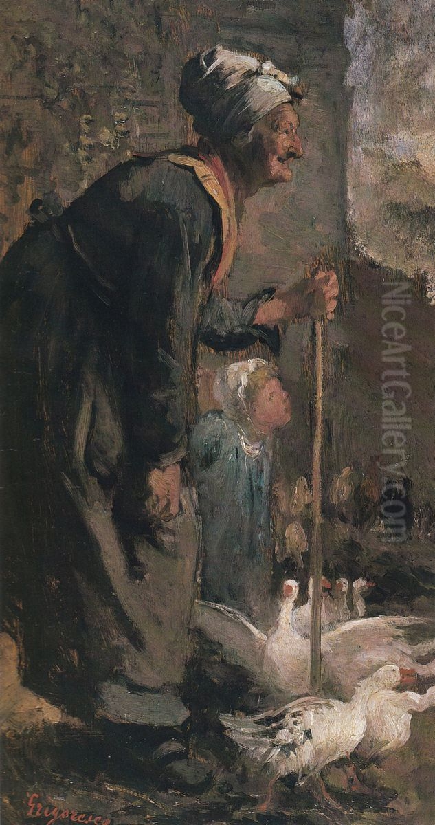 Batrana cu gasteleEnglish:The old lady with geese Oil Painting by Nicolae Grigorescu