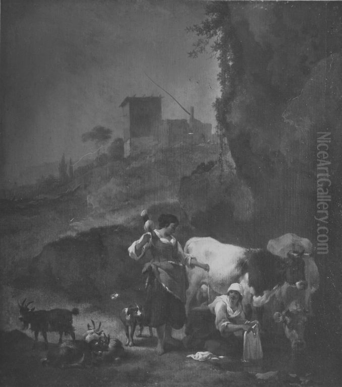 Italienische Abendlandschaft mit Vieh und Hirtinnen Oil Painting by Nicolaes Pieterszoon Berchem
