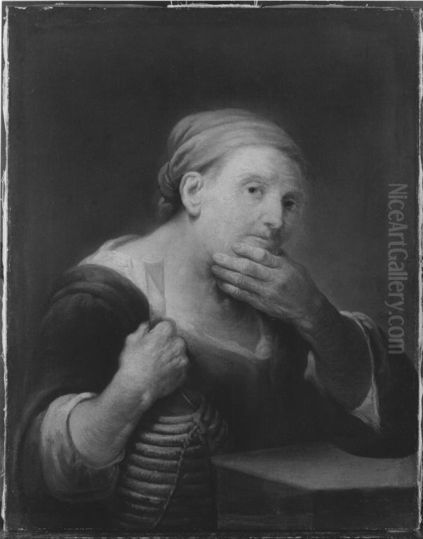 The old woman with a wine bottle Oil Painting by Balthasar Denner