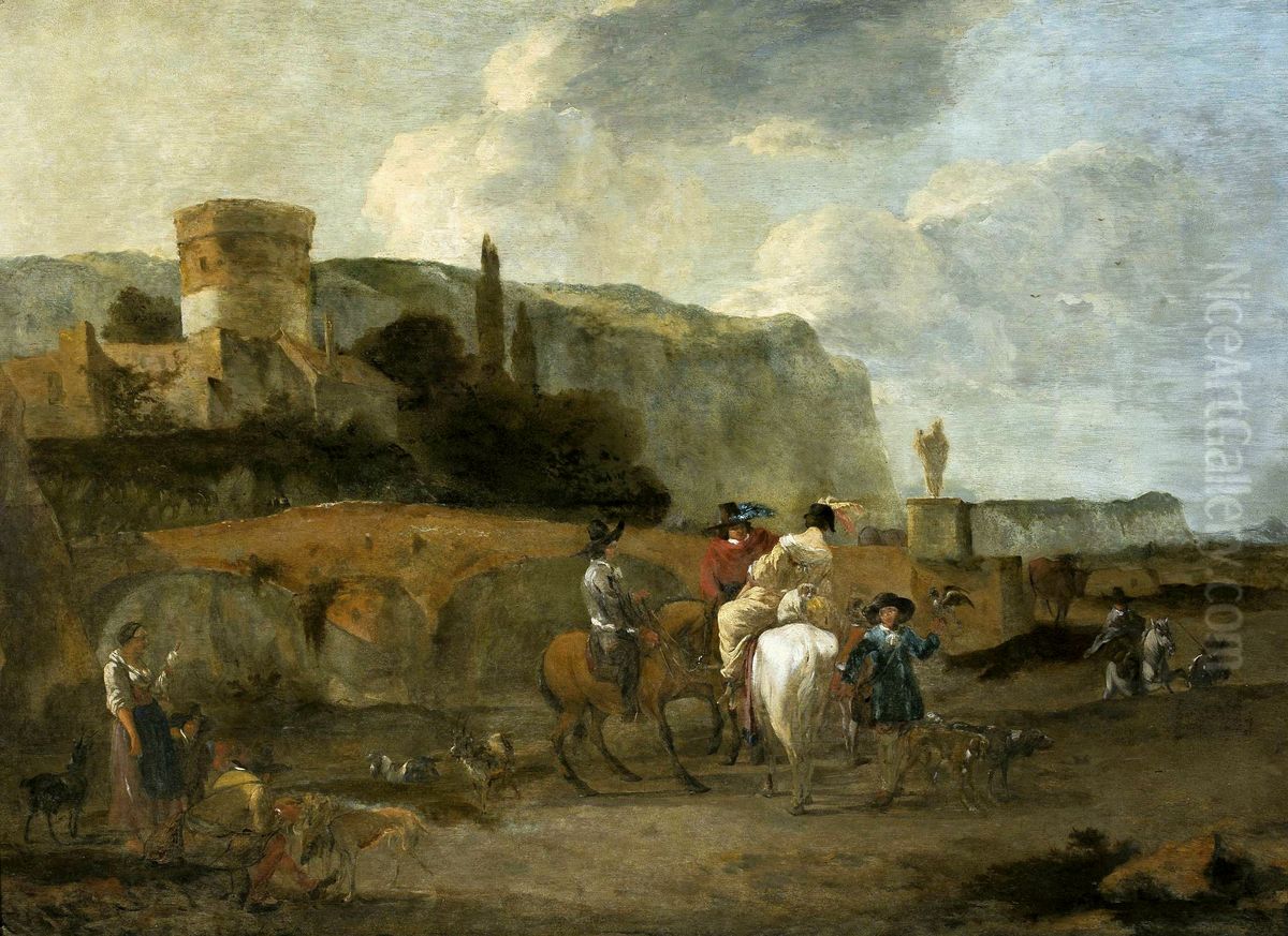 Italian landscape Oil Painting by Nicolaes Pieterszoon Berchemor follower
