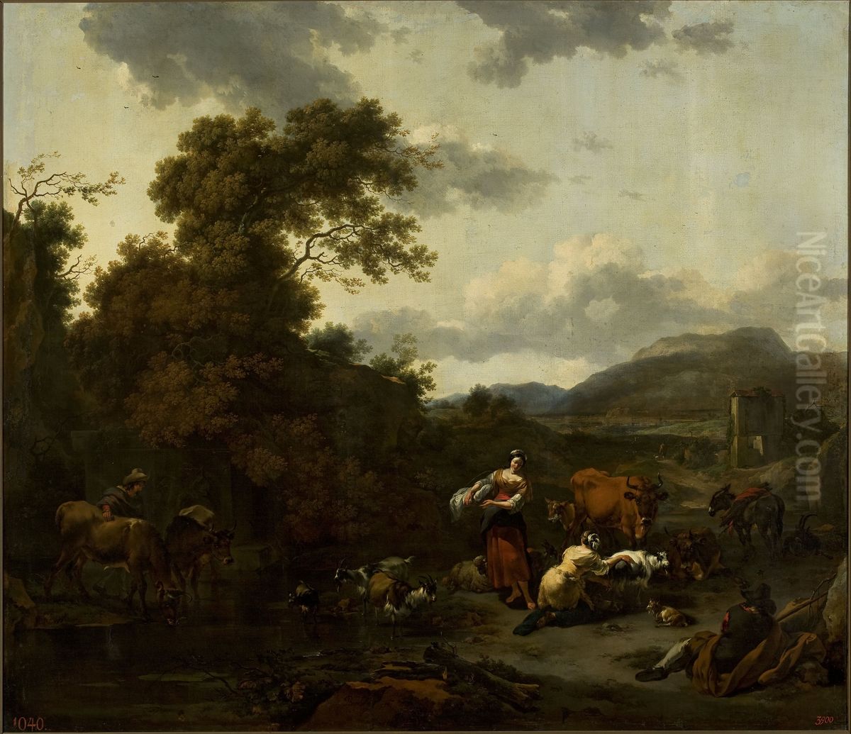 Landscape with a pastoral scene Oil Painting by Nicolaes Pieterszoon Berchem