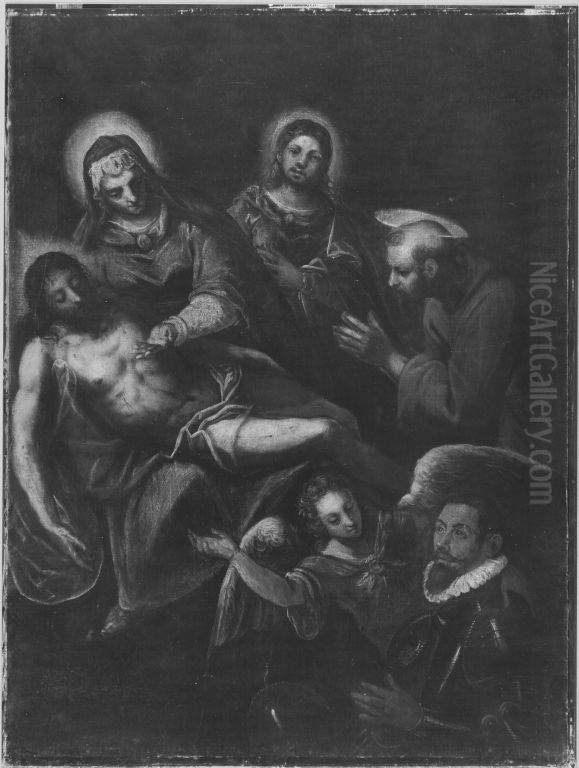 Beweinung Christi mit den hll. Johannes, Franziskus und einem Stifter Oil Painting by Domenico Tintoretto