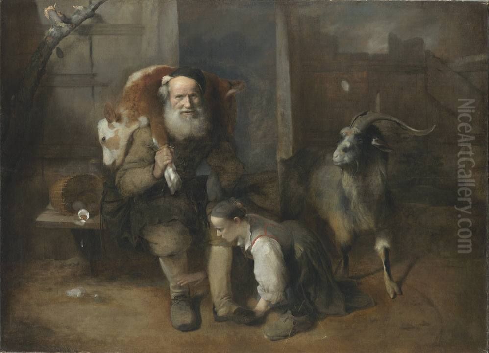 Alter Bauer mit geschultertem Kalb, junger Frau und Ziegenbock Oil Painting by Christopher Paudiss