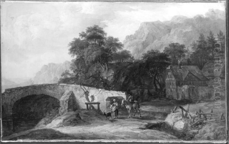 Gehoft und Steinbrucke vor einer Berglandschaft Oil Painting by Christian Georg Schutz