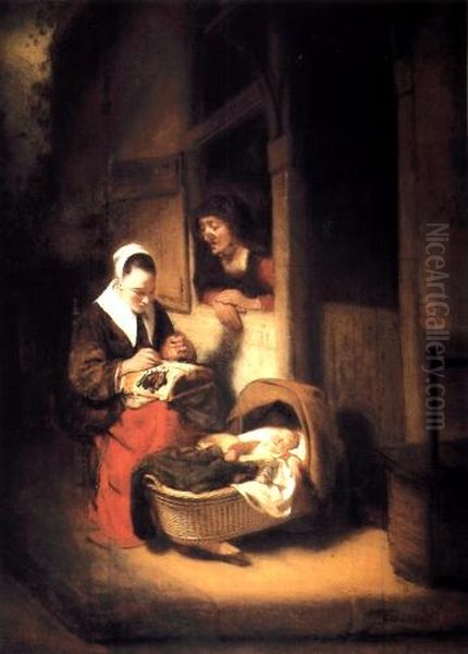 A seamstress and an old woman beside a cradle Oil Painting by Nicolaes Maes