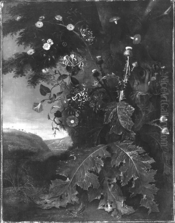 Blumen- und Distelstuck in einer Landschaft Oil Painting by Jan Van Huysum