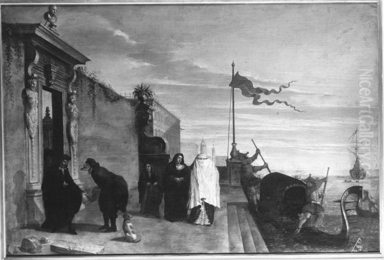 Gondel an venezianischer Steintreppe Oil Painting by Pieter van Laer