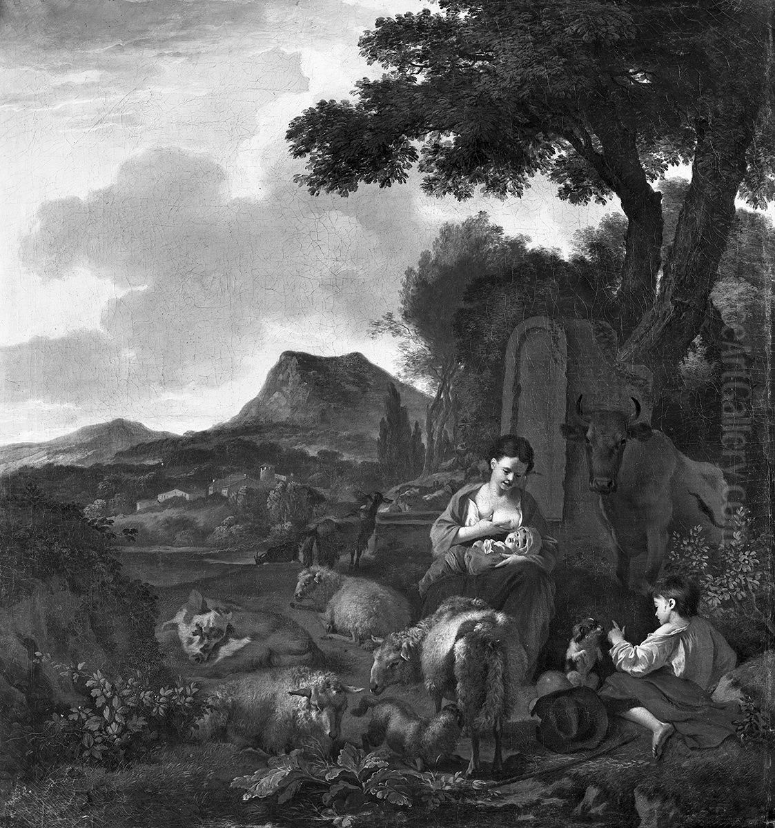 Nursing mother with a boy and a dog with sheep in a landscape Oil Painting by Nicolaes Pieterszoon Berchem