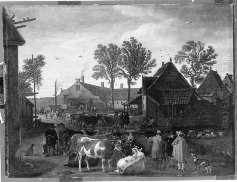 Cattle market in the hamlet Backersdorp near Vlissingen Oil Painting by Cornelis Saftleven