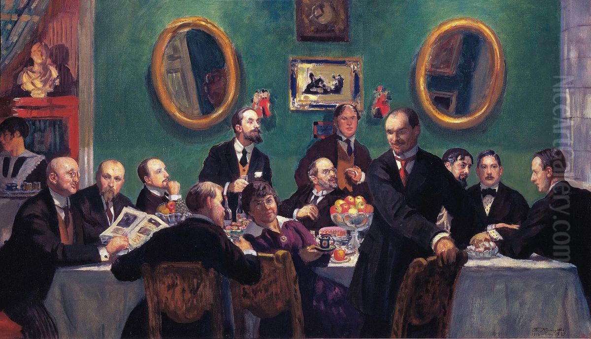 Gruppovoj portret hudoznikov obsestva <<Mir iskusstva>> Oil Painting by Boris Kustodiev