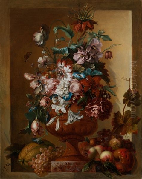 Flowers in a vase set in a stone niche Oil Painting by Jacoba Maria van Nickelen