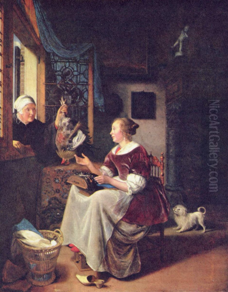Einer jungen Frau reicht eine Alter einen Hahn durchs FensterEnglish:A young lacemaker is interrupted by a birdseller who offers her ware through the window. Oil Painting by Pieter Cornelisz van Slingelandt