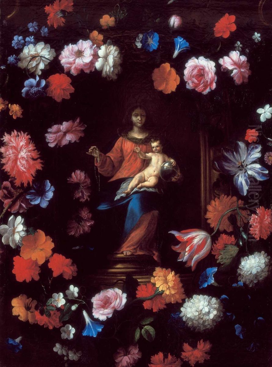 Rosary Madonna in a Garland Oil Painting by Jan van den Hecke