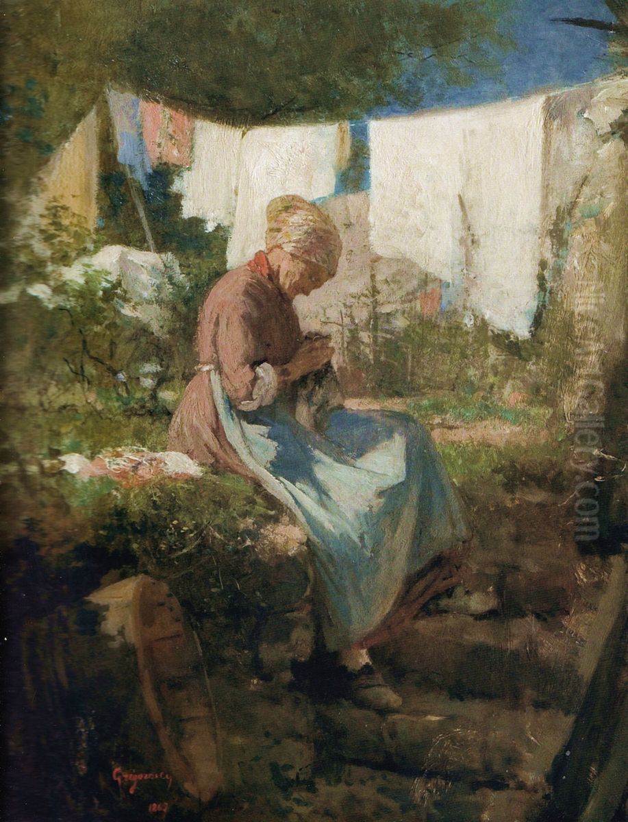 Batrana carpind Oil Painting by Nicolae Grigorescu