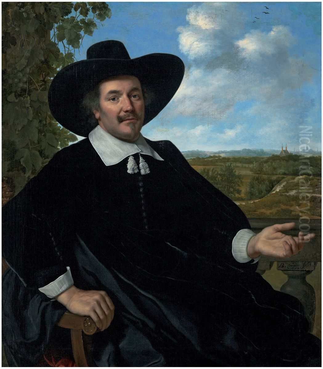 Portrait of Gabriel Marselis, three-quarter-length, seated, before a balustrade, a landscape with a country house and a distant view of Haarlem beyond Oil Painting by Bartholomeus Van Der Helst