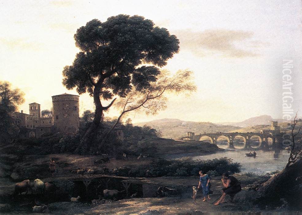 Landscape with Shepherds - The Pont Molle Oil Painting by Claude Lorrain (Claude Gellee)