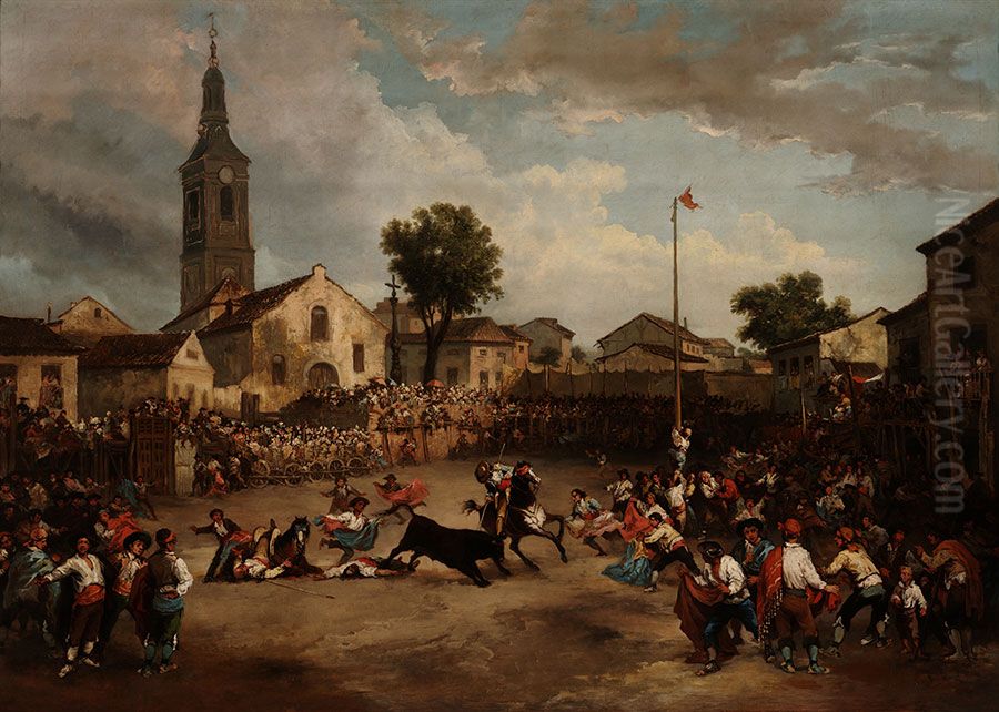 Bullfight and greasy pole Oil Painting by Lucas Velazquez