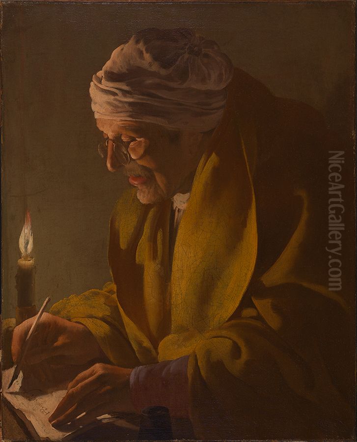 Old Man Writing by Candlelight Oil Painting by Hendrick Ter Brugghen