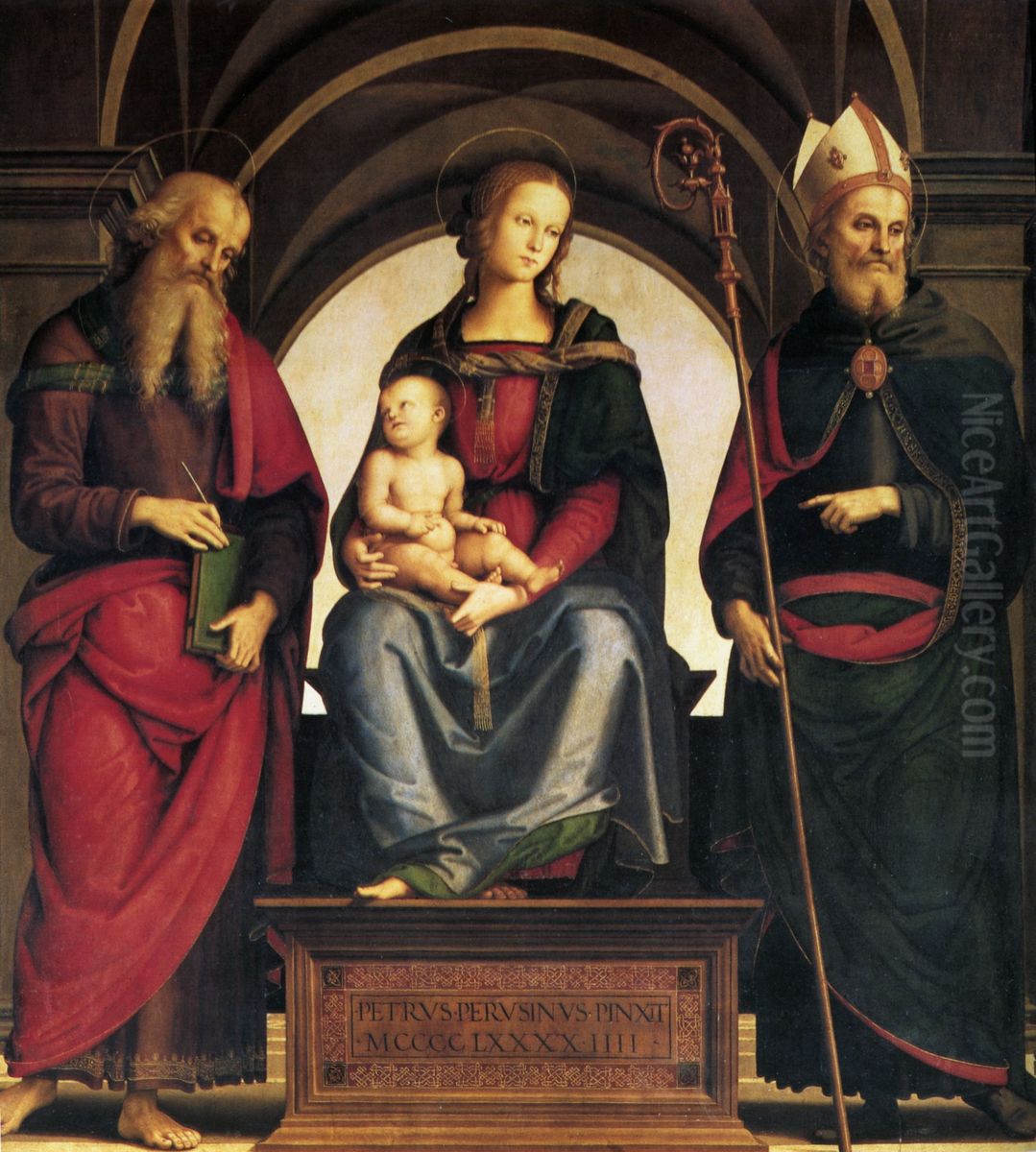 Madonna enthroned with child and Saints John the Evangelist and Augustine Oil Painting by Pietro Vannucci Perugino