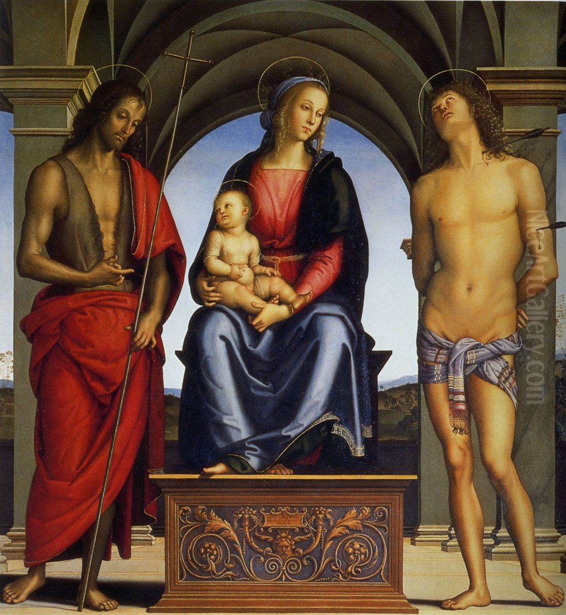 Madonna and Child Enthroned with Saints John the Baptist and Sebastian Oil Painting by Pietro Vannucci Perugino