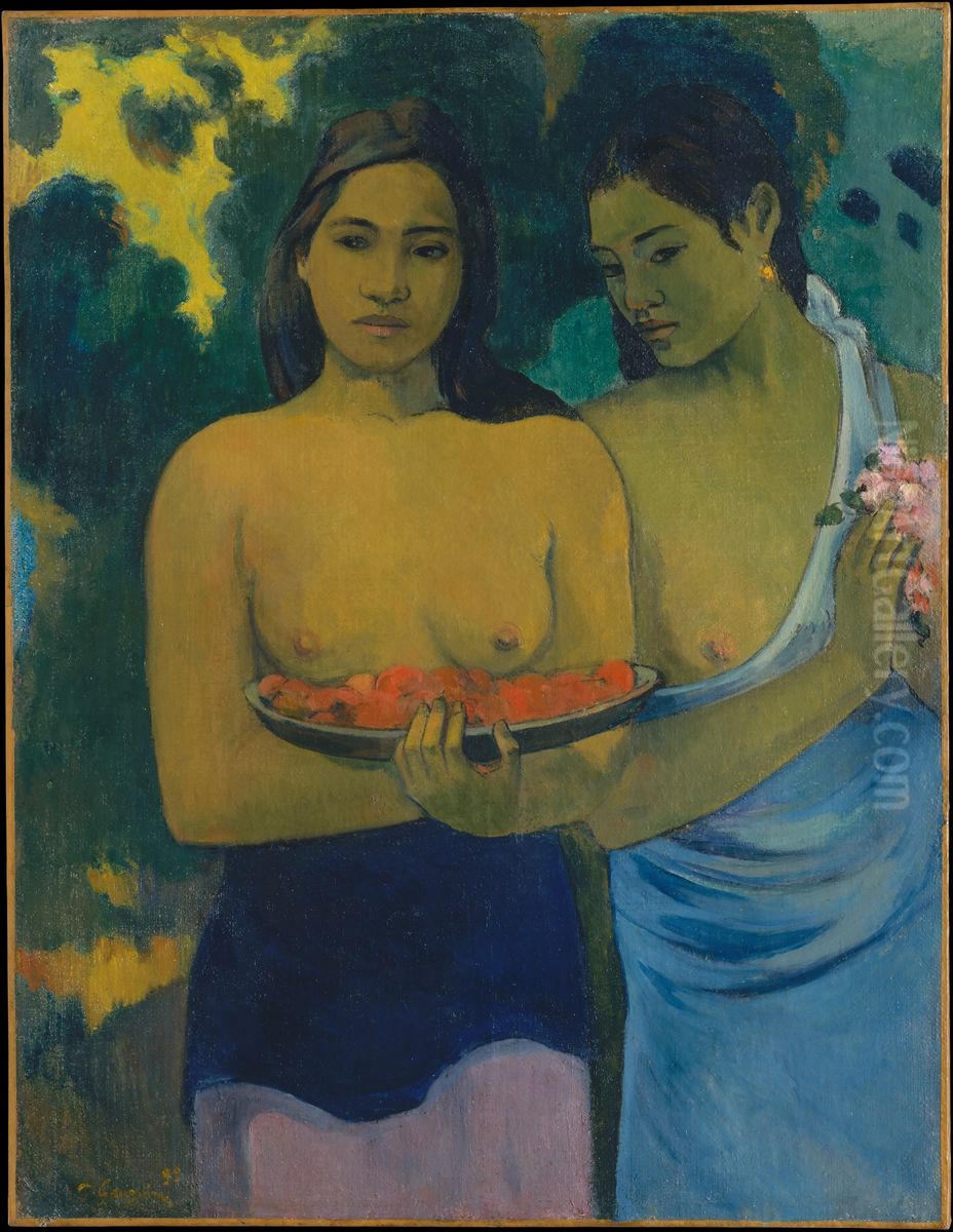 Deux Tahitiennes aux fleurs de mangue Oil Painting by Paul Gauguin