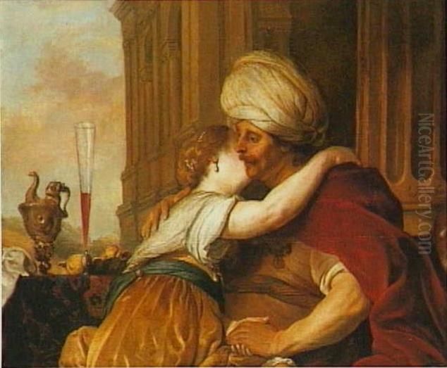 David and Bathsheba, or portrait historie of the wealthy Amsterdam couple Marinus Lowysse and Eva Ment represented as Isaac and Rebecca Oil Painting by Jacob Adriaensz Backer