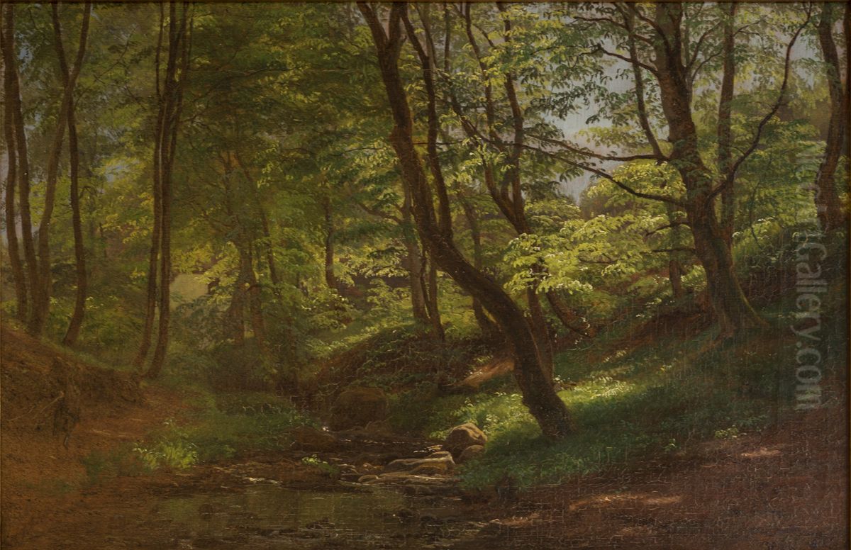 May Day with Trees in Leaf in the Marselisborg Woods Oil Painting by Janus Andreas Bartholin La Cour