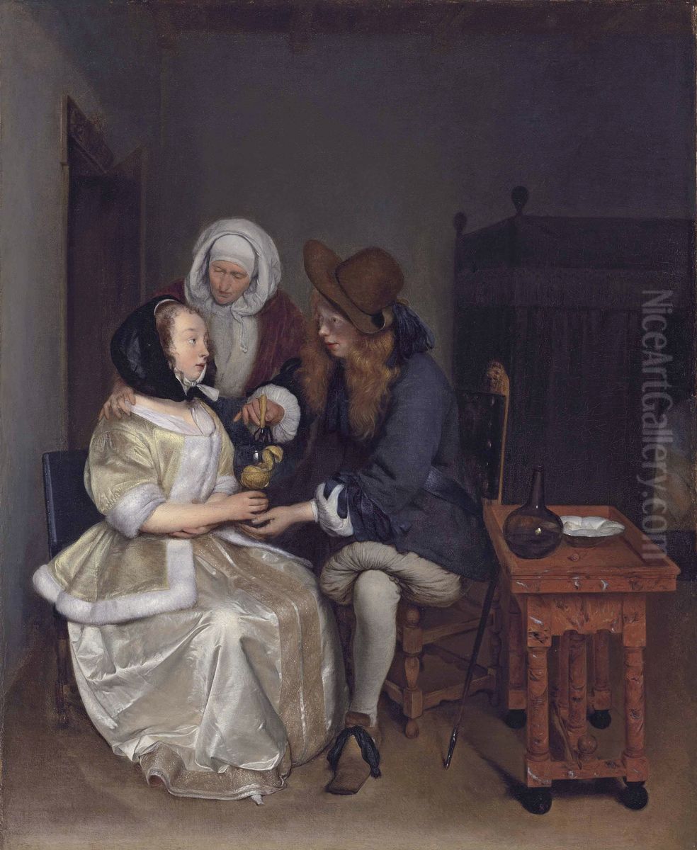 Young woman, young man and a procuress in an interior Oil Painting by Gerard Ter Borch
