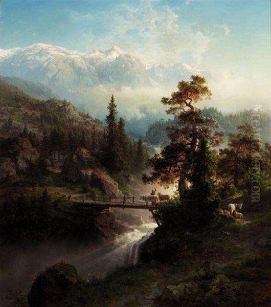 Landscape with Cattle and Waterfall Oil Painting by Hans Gude