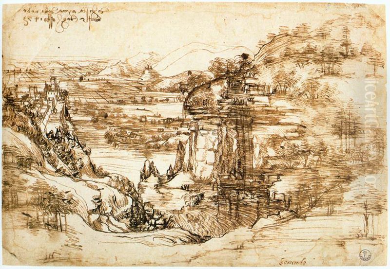 Paesaggio con fiume Oil Painting by Leonardo Da Vinci