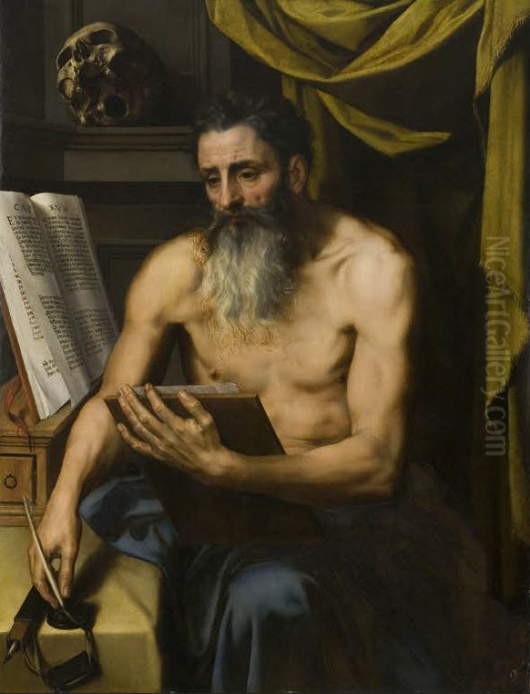 St Jerome in his study Oil Painting by Adriaen Thomasz. Key