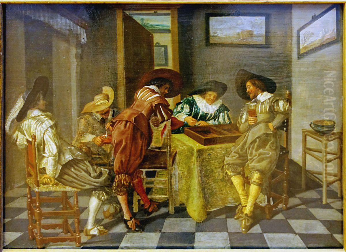 Merry company smoking, drinking and playing tric-trac (backgammon) in an interior Oil Painting by Dirck Hals