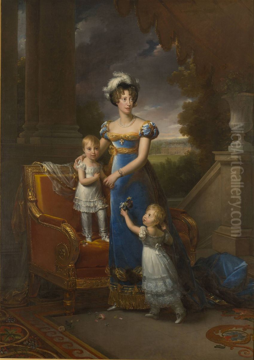 Portrait of la duchesse de Berry et ses enfants, Louise-Marie-Therese et Henri of Artois devant le Chateau de Rosny Oil Painting by Francois Gerard