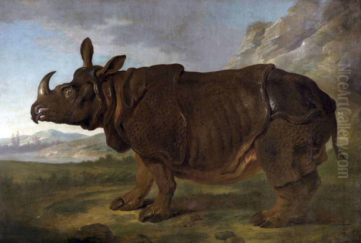 Clara the rhinoceros in Paris in 1749 Oil Painting by Jean-Baptiste Oudry