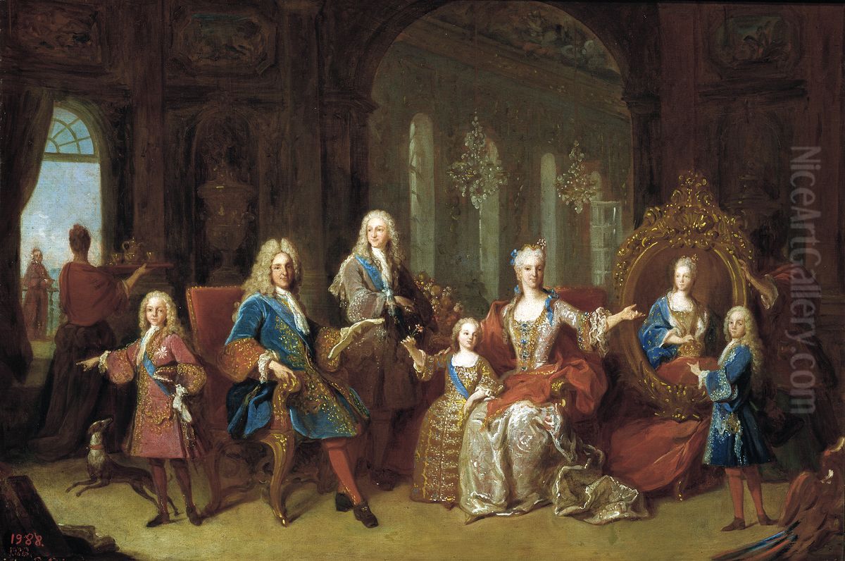 La Familia de Felipe V, hacia 1723, oleo sobre lienzo, 44 x 65 cm. Museo del Prado (Madrid, Espana). Oil Painting by Jean Ranc