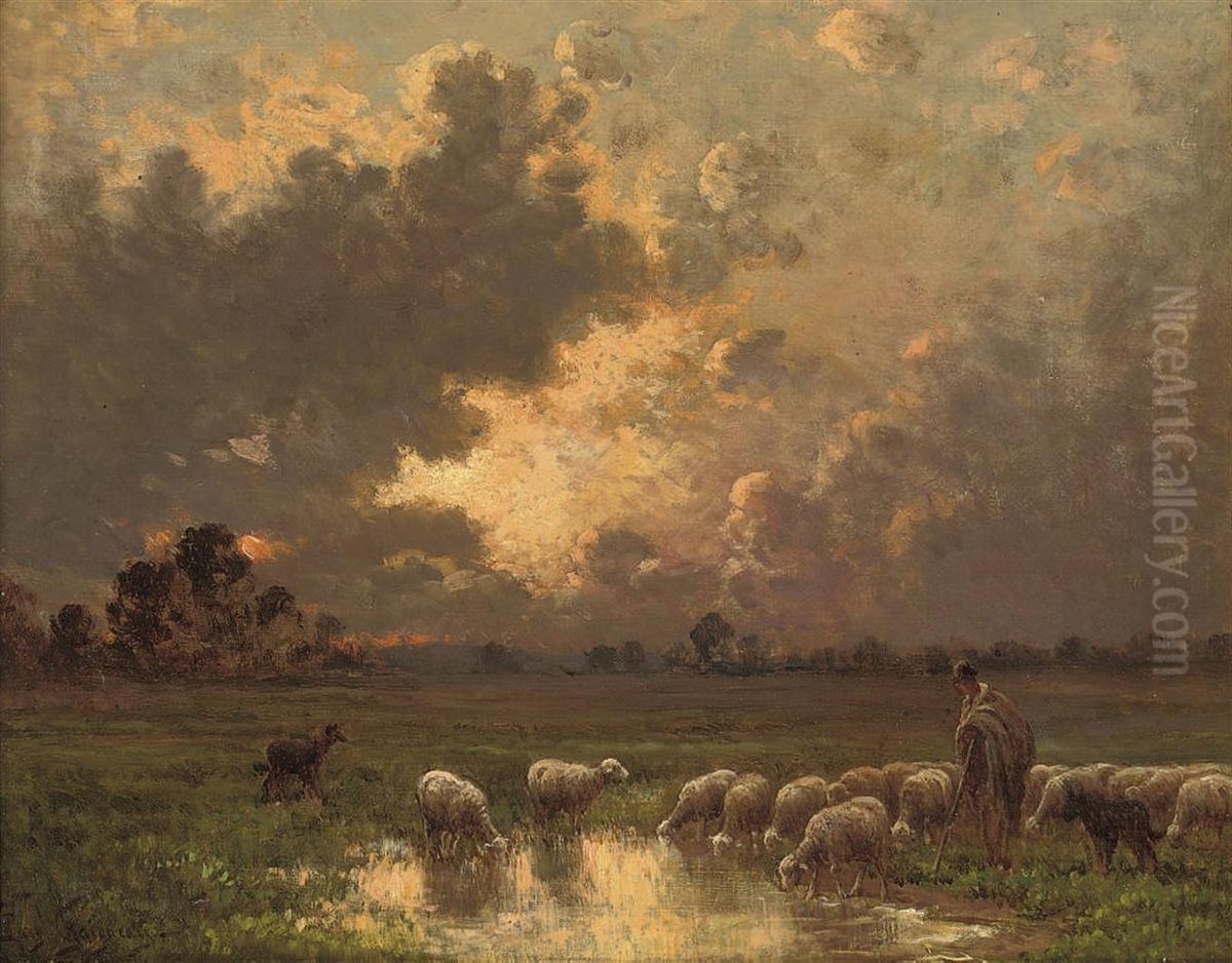 A Shepherd Watering His Flock At Dusk Oil Painting by Paul Chaigneau