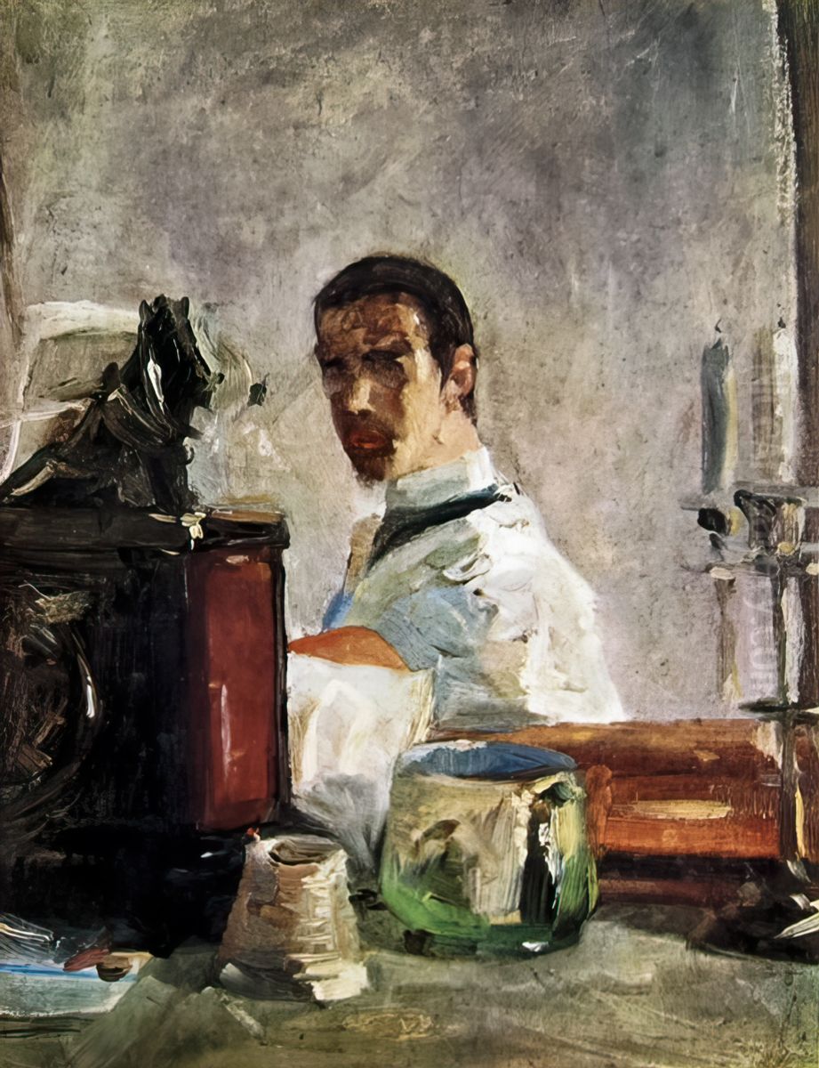Self-portrait in front of a mirror Oil Painting by Henri De Toulouse-Lautrec
