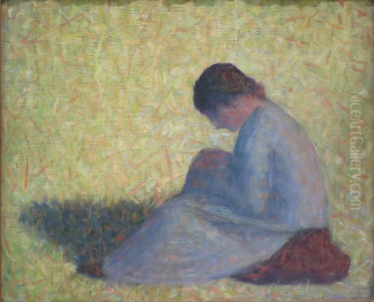 Auf einer Wiese sitzendes Bauernmadchen Oil Painting by Georges Seurat