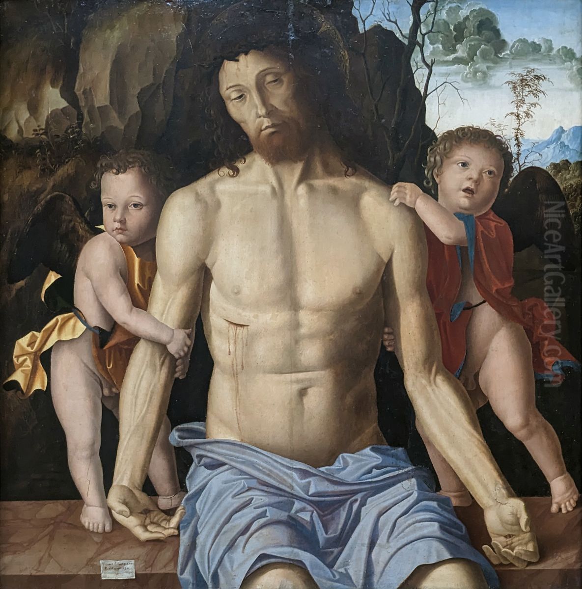 Dead Christ Held by Two Angels Oil Painting by Marco Palmezzano